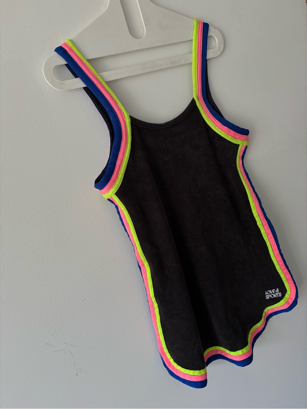 NWOT Black terry cloth tank dress,swim cover up,athleisure tennis neon trim M